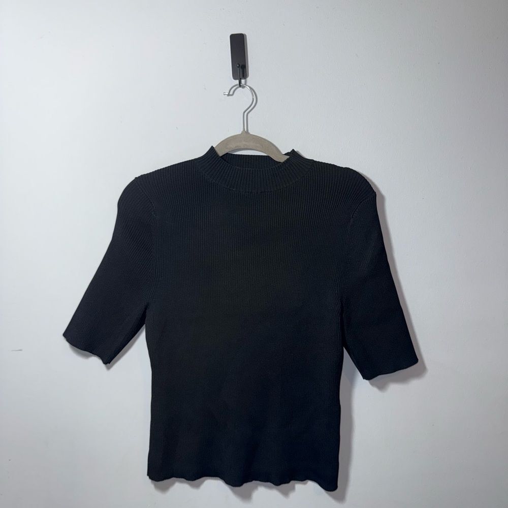 Bailey 44 Ribbed Mock Neck Half Sleeve Top Black Stretch Minimalist X-Large EUC